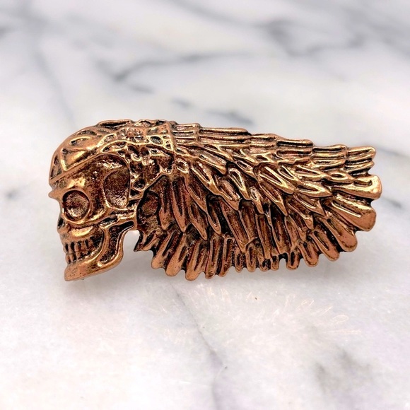 Antique Copper Color SKULL & Feather Duo Finger/Knuckle‎ Ring - Picture 1 of 4